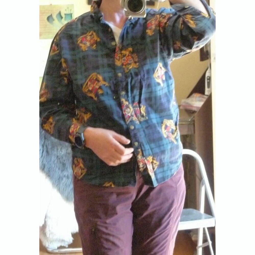 Vintage tartan plaid cotton shirt with gold crest print equestrian Bushwacker M